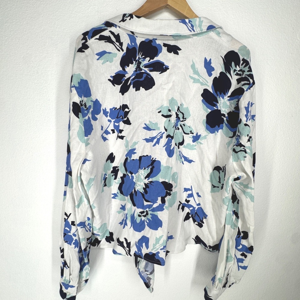 Women Floral Linen Tie Front Button Top Blouse XL Blue Coastal Minimalist Resort - Picture 8 of 9